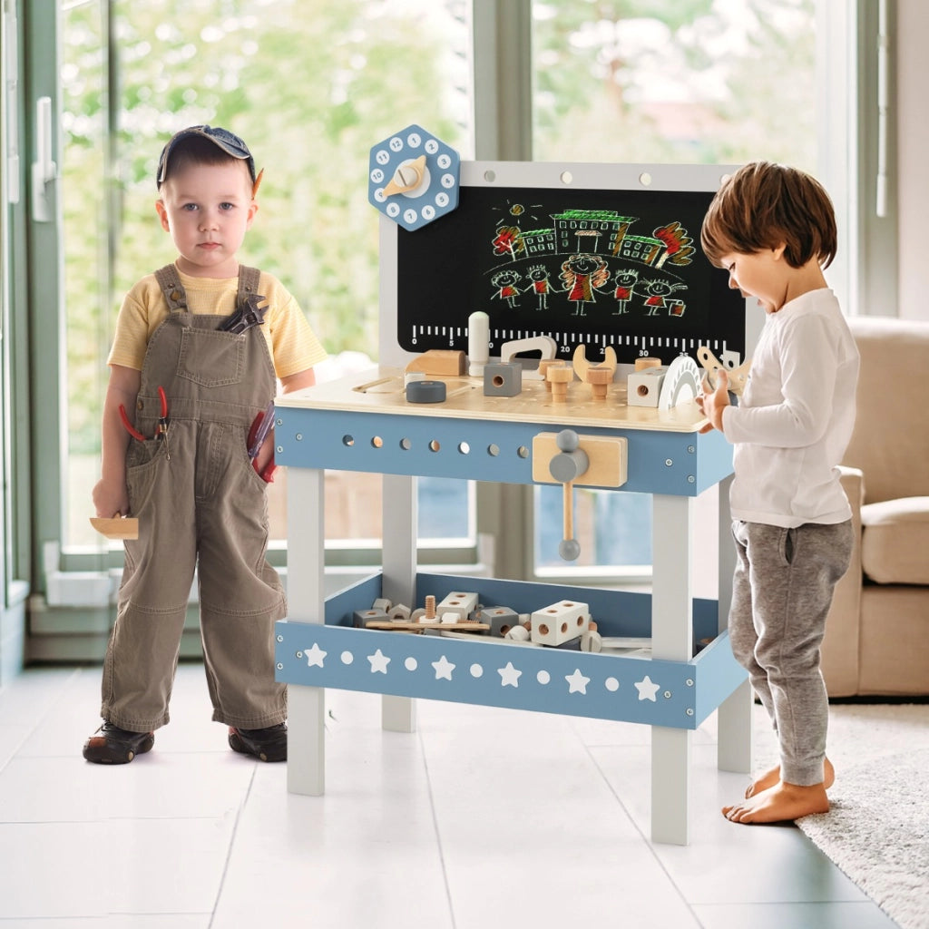 Set banco da lavoro per bambini in legno con 61 attrezzi e parti, Tavolo da lavoro per bambini 3+ anni Blu