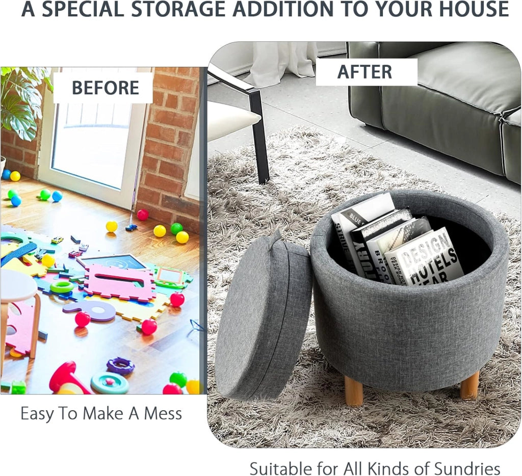 Pouf con Spazio di Archiviazione, Poggiapiedi Rotondo con Vassoio Reversibile e Spazio di Stoccaggio Nascosto, Pouf Imbottito Multifunzionale per Camera da Letto, Soggiorno, Ufficio (Grigio)