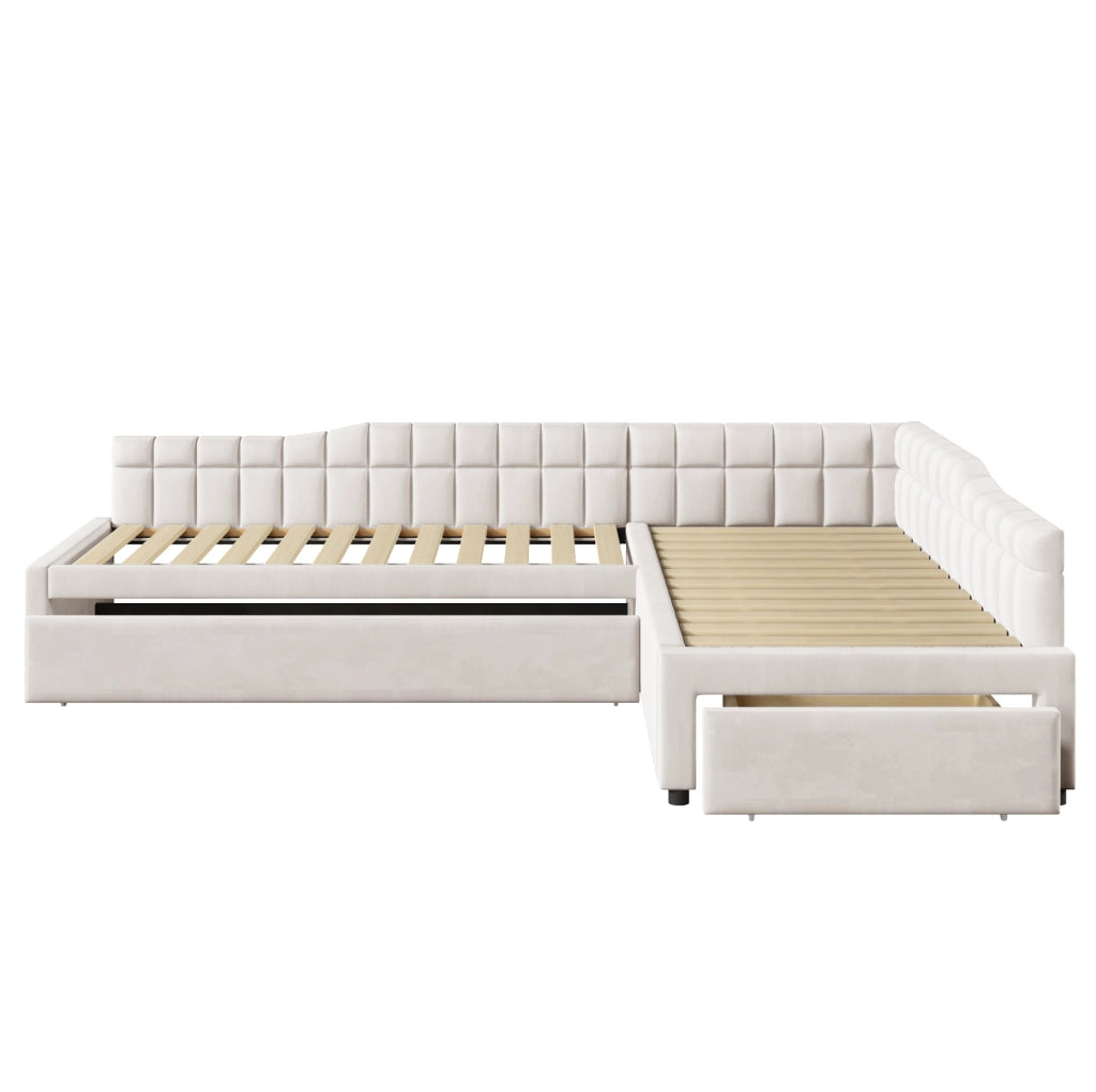 Letto a L 90x200 cm con letto estraibile e cassetti in flanella beige