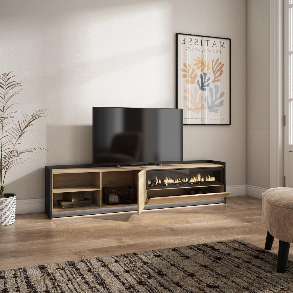 Mobile TV Soggiorno, 207x50x37 cm, Per TV fino a 80", Camino elettrico, LED, Rovere e nero