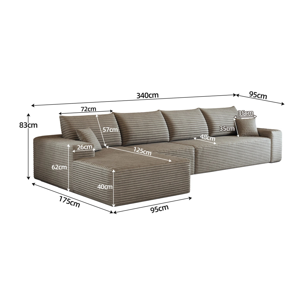 Divano angolare modulare in velluto a coste con seduta profonda e schiuma elastica, camel 340 cm