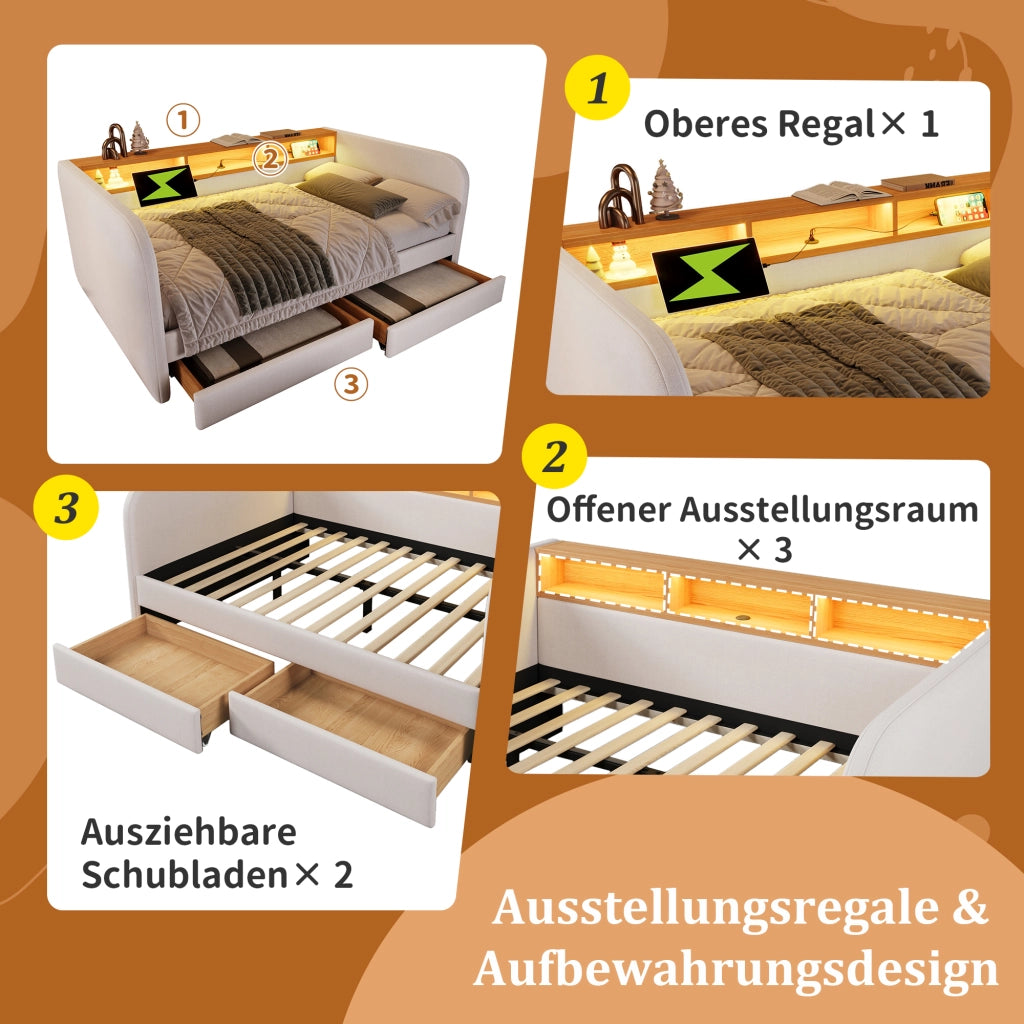 DESMIU Divano letto 140 × 190 cm 2 posti con LED, USB e Type-C, 2 cassetti, senza materasso, in lino, beige