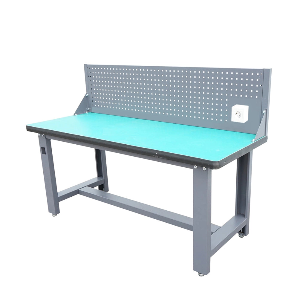 Tavolo, banco da lavoro da officina con presa 220V e pannello forato 1800x750x800+450mm