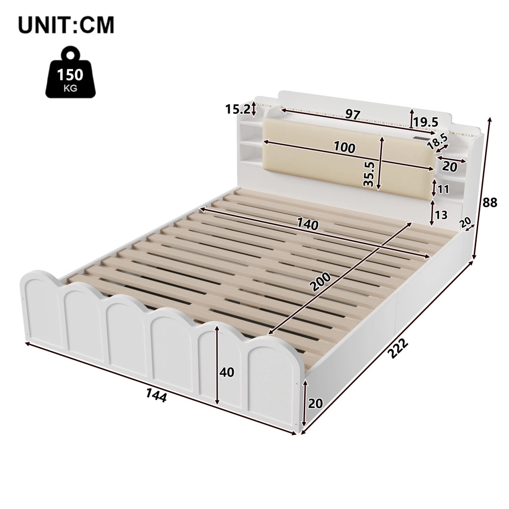 OKWISH Letto Contenitore 140×200 cm, Letto Matrimoniale con Box Idraulico, USB, Type C, LED Regolabile e Ripiani, senza Materasso, Bianco