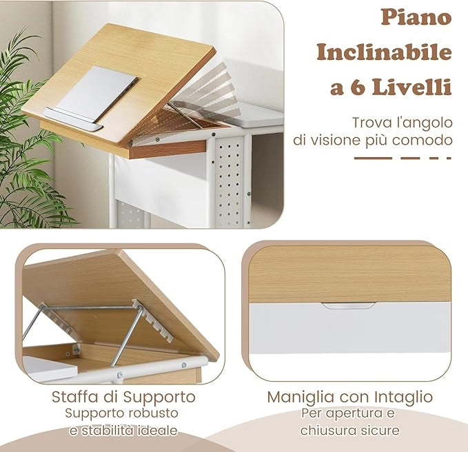 Tavolo per Laptop con Ruote, Piano Inclinabile, Scomparto Nascosto, Ripiani di Stoccaggio e Pannelli Forati, Tavolino per Computer a Forma di C per Spazi Ridotti