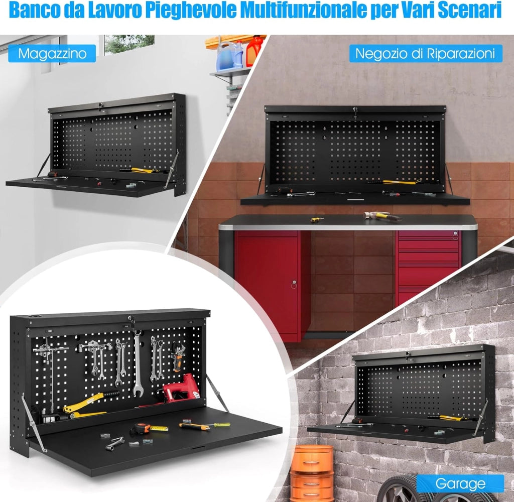 Banco da Lavoro Pieghevole a Parete, Organizzatore 2 in1 con Pannello Portautensili e Piano Spazioso, Tavolo da Lavoro Appeso per Garage, Magazzino, Officina, Nero