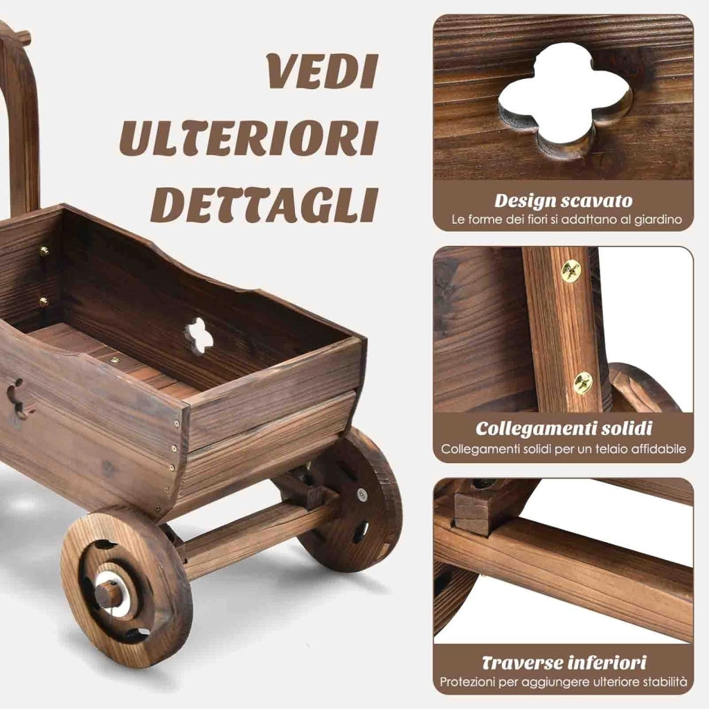 Fioriera da Esterno in Legno a Forma di Carrello, Carriola Portafiori con 4 Ruote, Maniglia e Foro di Drenaggio, Carrello Decorativo da Interno ed Esterno, per Patio, Giardino e Balcone