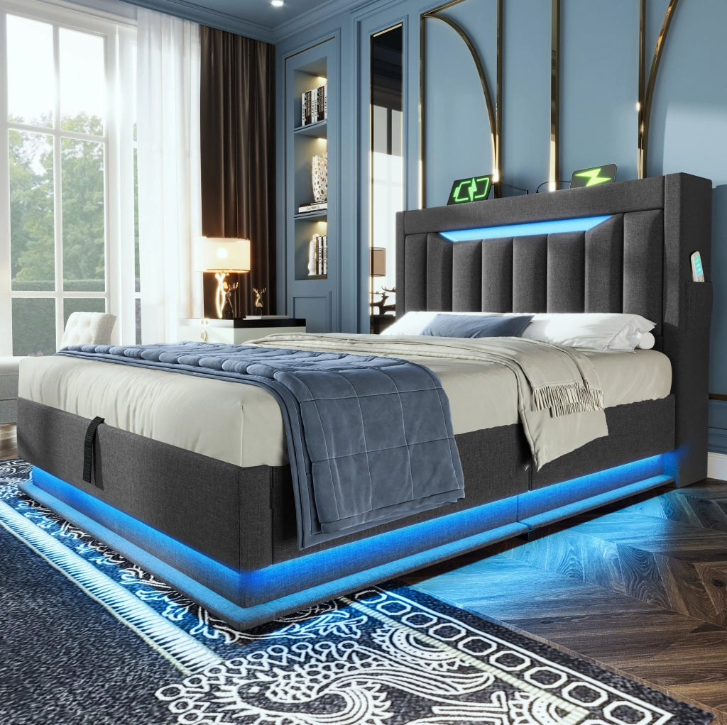 Letto singolo 90x200 con LED, testiera contenitore e porte USB