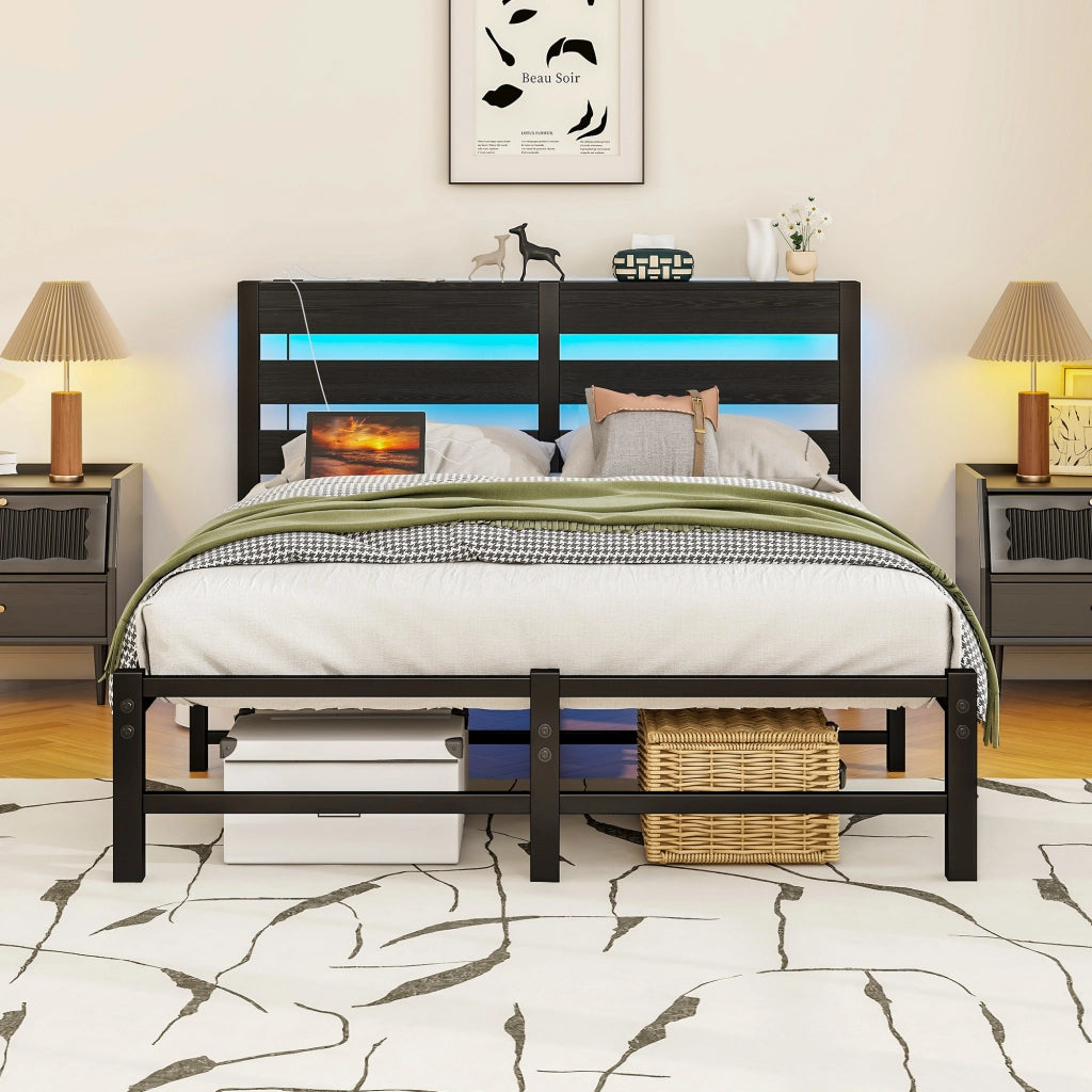 Letto singolo 120 × 200 cm con LED RGB, 2 porte USB, ripiano e spazio sotto il letto, senza materasso, nero