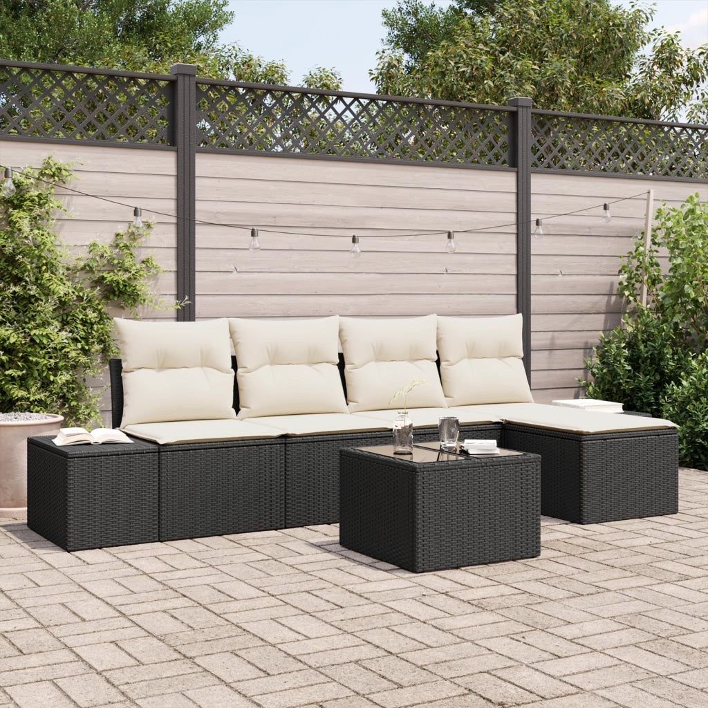 Set Divano da Giardino da 5 Pezzi con Cuscini Marrone in Polyrattan