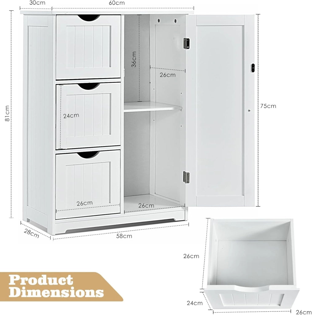 Mobile da Bagno, Armadio Autoportante,Mobile da Bagno Armadietto da Terra Mobiletto con Cassetto, Mobiletto da Cucina Soggiorno Salvaspazio, 60x30x81 cm,3 Colori (Bianco)