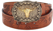 Cinturone per Uomo in Pelle di Finta - Cinturone con Chiusura Automatica - Cinturone 110 cm - Cinturone 3,75 cm di Larghezza - Cinturone Resistentente allo Shock - Disegno di Testa di Toro - Cinturone a Motivo Western