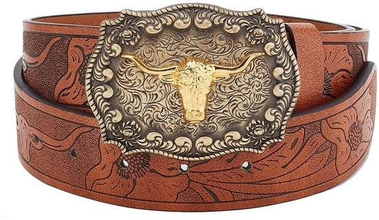 Cinturone per Uomo in Pelle di Finta - Cinturone con Chiusura Automatica - Cinturone 110 cm - Cinturone 3,75 cm di Larghezza - Cinturone Resistentente allo Shock - Disegno di Testa di Toro - Cinturone a Motivo Western