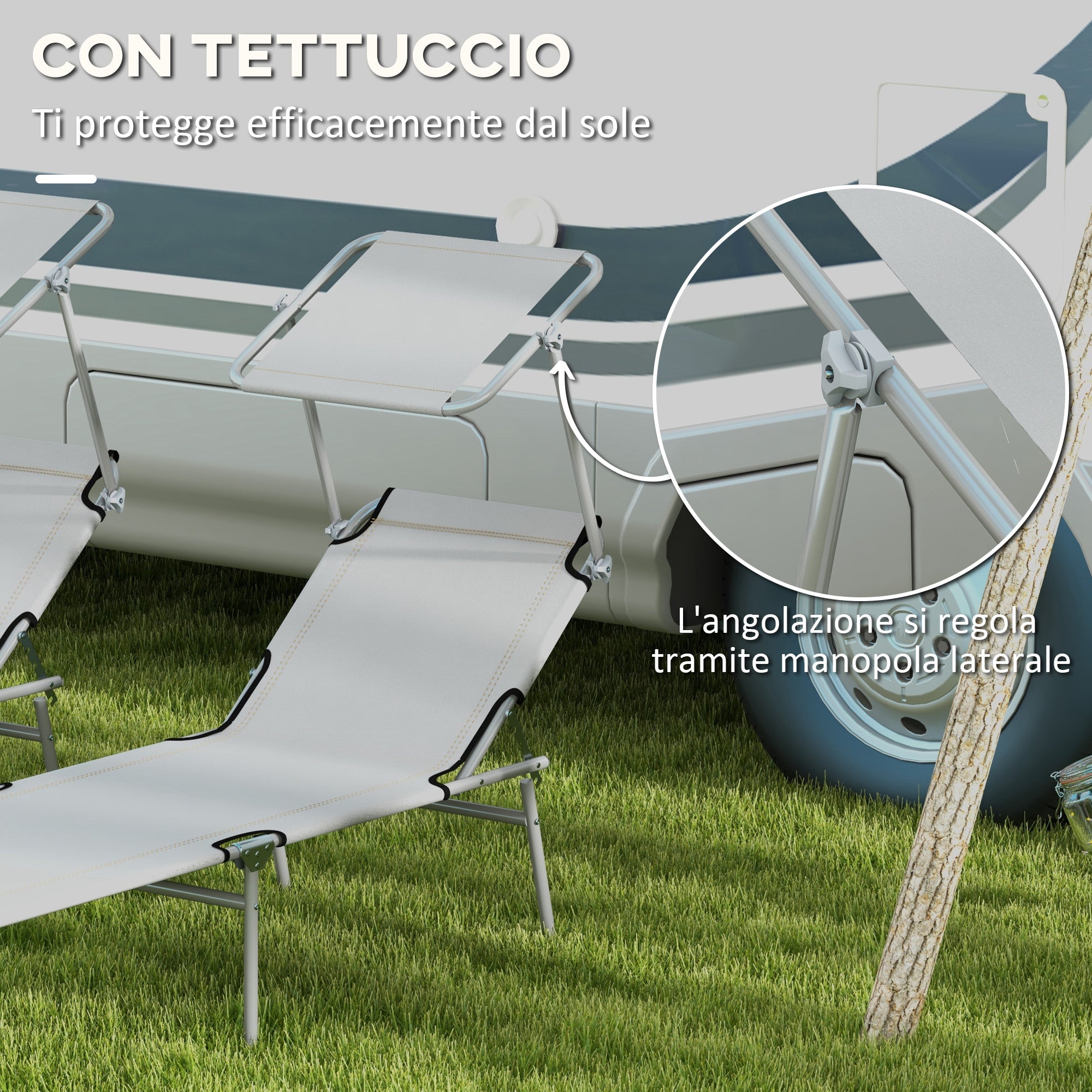 Set 2 Sdraio da Giardino 187x58x36 cm Pieghevoli con Tettuccio Regolabile in Tessuto Oxford e Metallo Grigio Chiaro