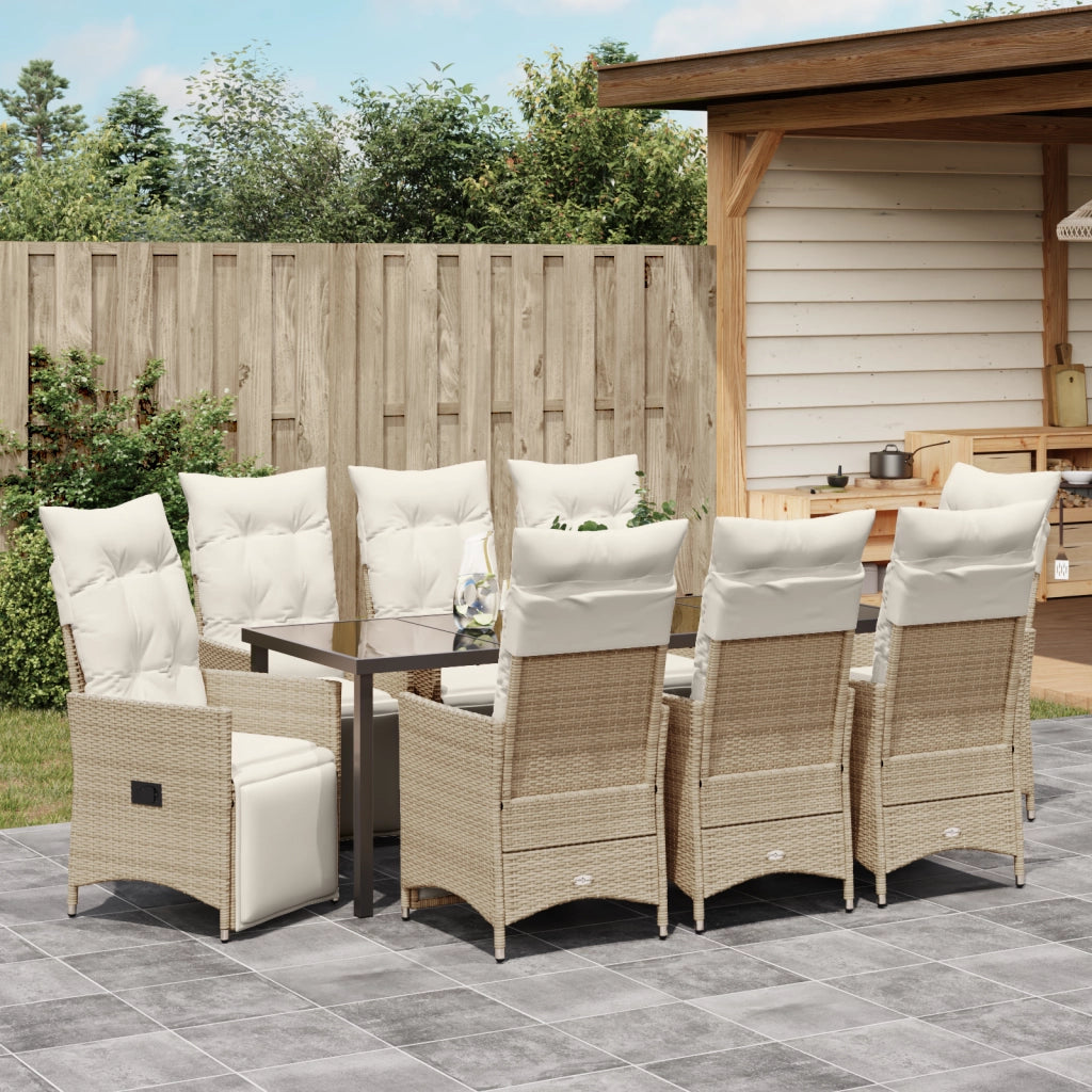 Set da Pranzo da Giardino da 9 Pezzi con Cuscini Beige Rattan Poliestere
