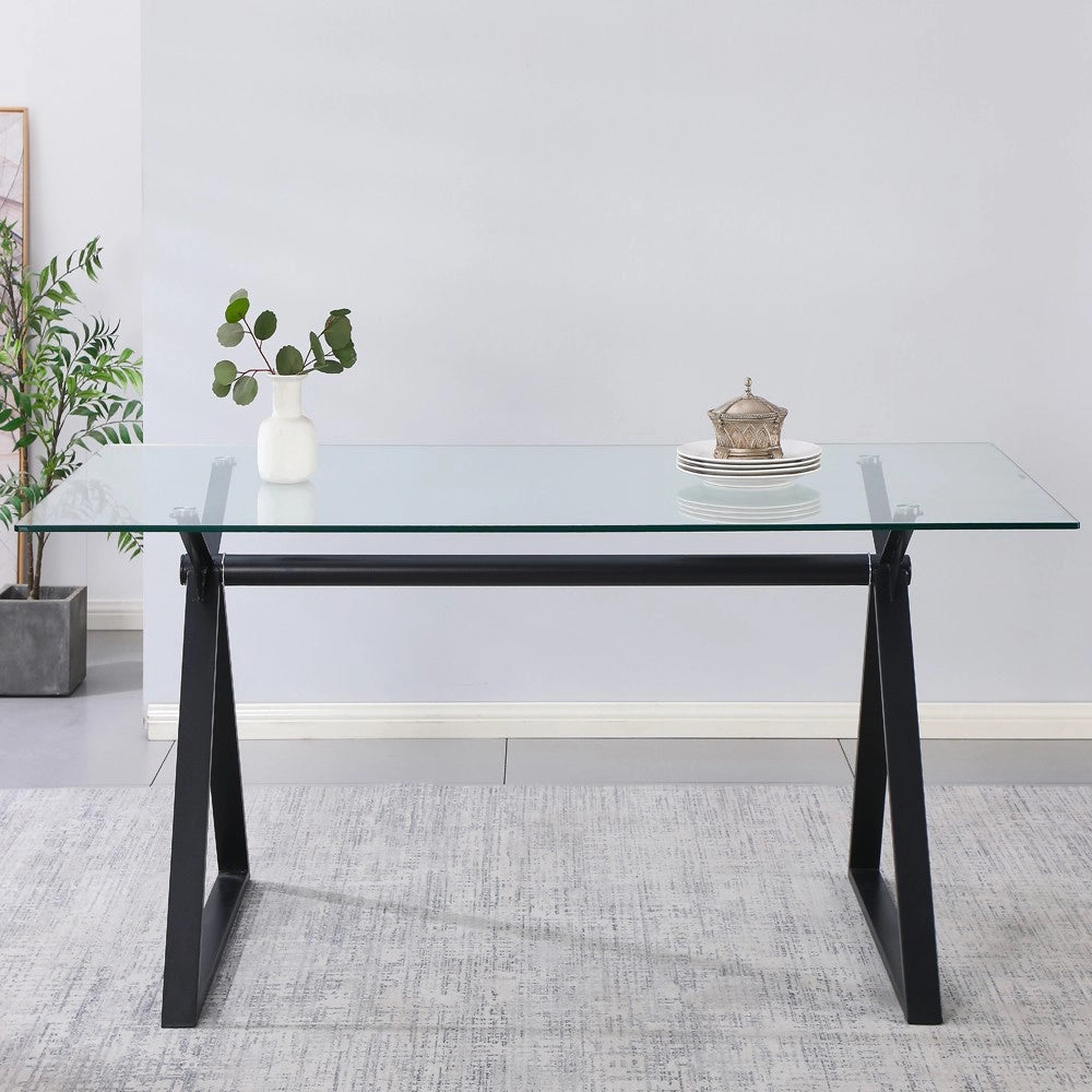 Tavolo da Pranzo Skylar 180×90 cm in Vetro Temperato con Gambe a Cavalletto Nere