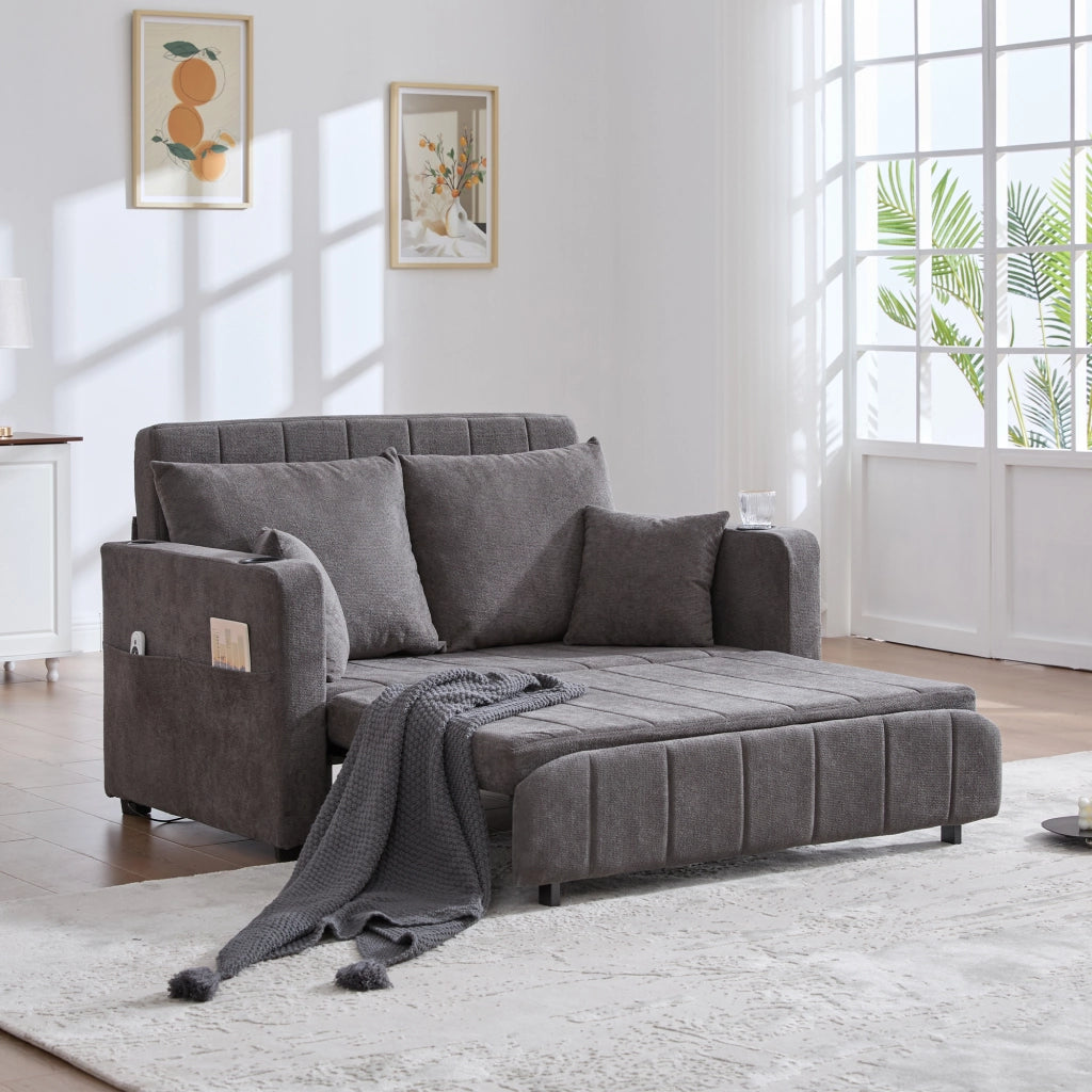 Divano letto in ciniglia grigia 139x83x58 cm con 4 cuscini