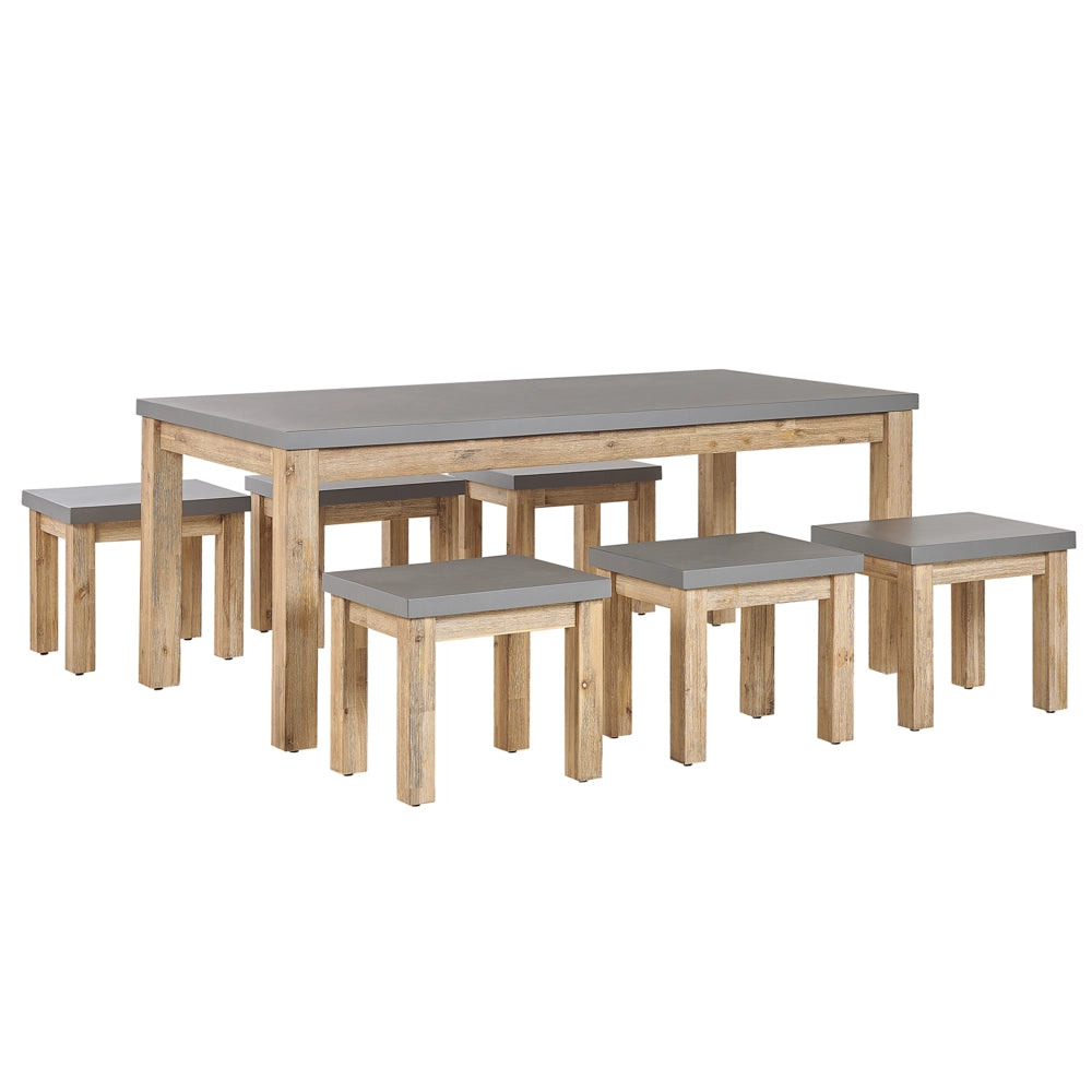 Set da pranzo per esterni in fibra di cemento grigio chiaro legno di acacia tavolo 6 posti tavolo 6 sgabelli design industriale moderno