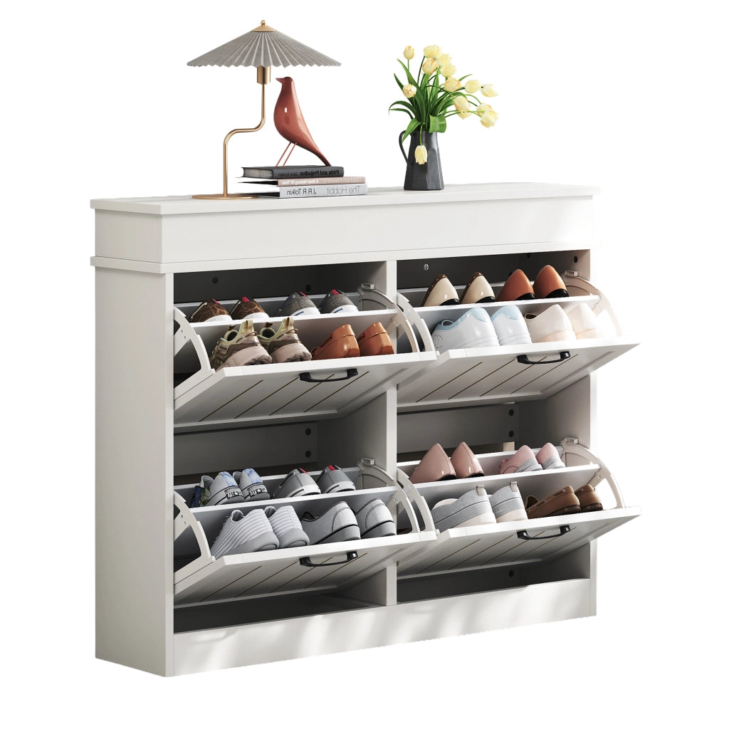 Scarpiera salvaspazio con 4 ante a ribalta, 8 ripiani, struttura in MDF, bianco, 105 x 24 x 83 cm