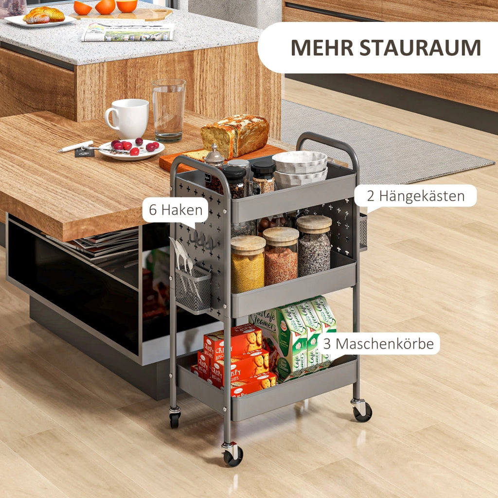 Carrello Multiuso con 3 Ripiani e 4 Ruote ¨C zephmum ¨C Grigio 53.5x30.5x75 cm