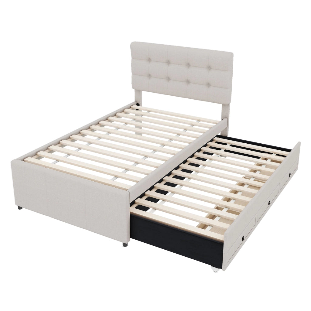 OKWISH Letto con Cassetti 90×200 cm, Letto Singolo con Letto estraibile, 3 Cassetti e Testiera Regolabile, senza Materasso, Beige