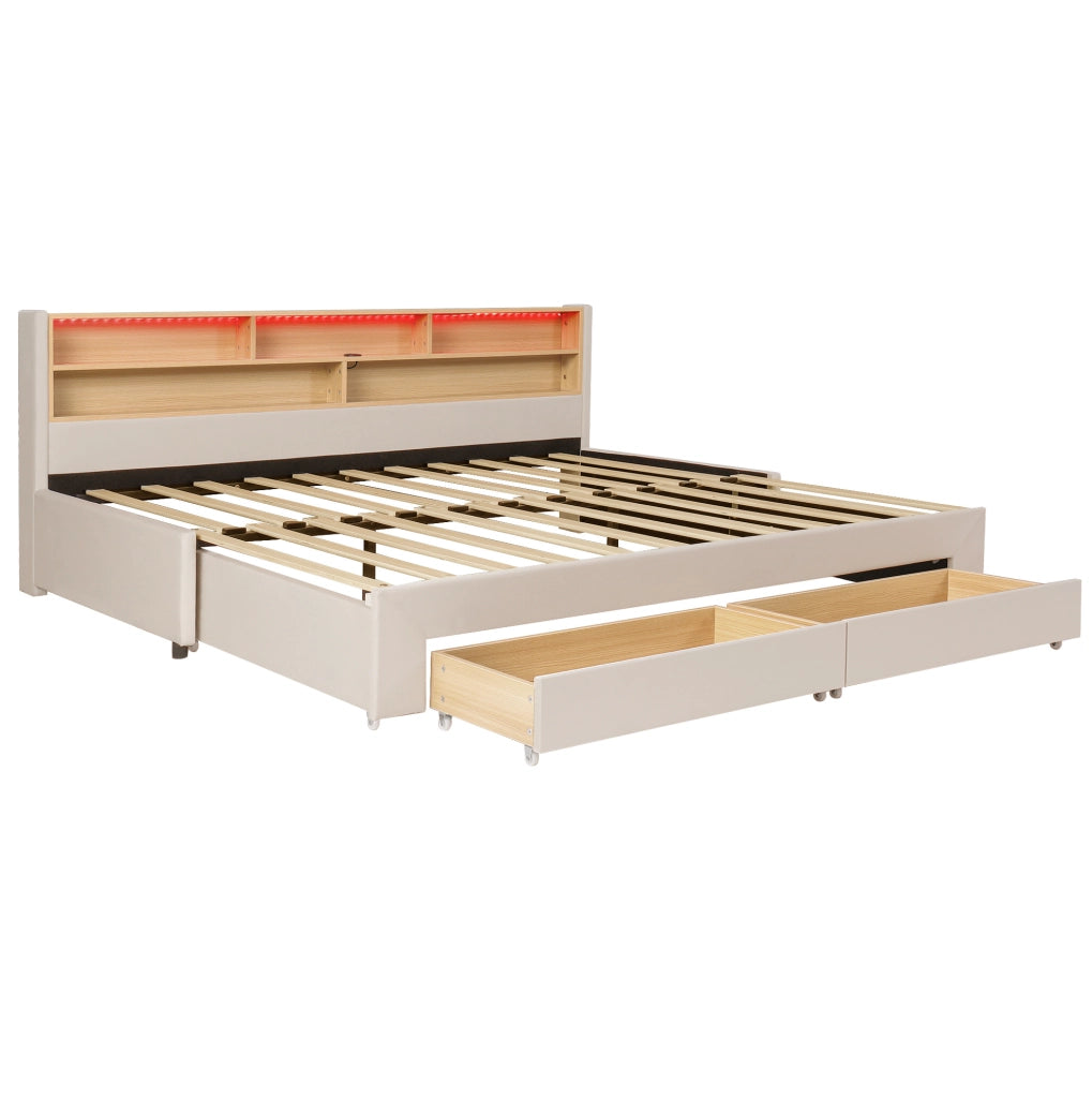 Daybed estraibile 90x200 cm trasformabile in 180x200 cm; con cassetti; USB; Type-C e LED; velluto beige