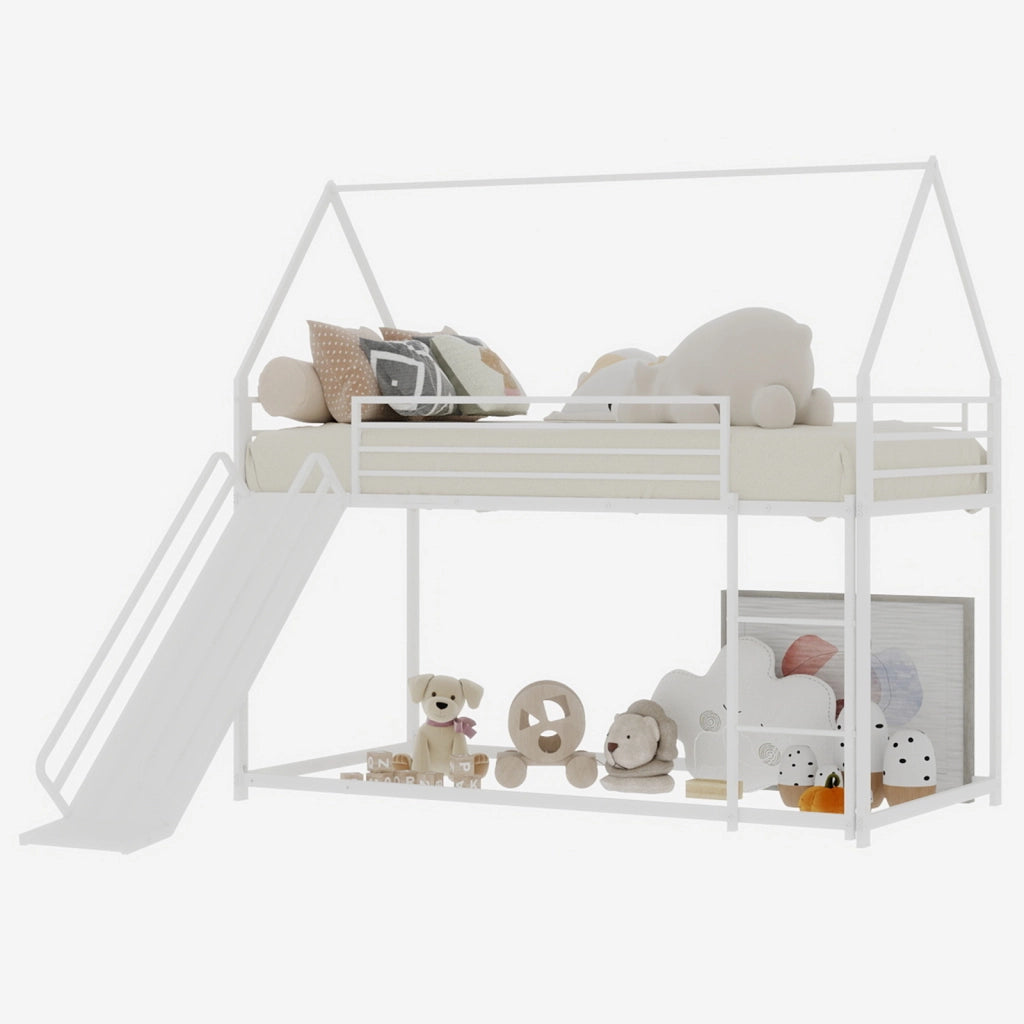 Letto a Castello 90x190 cm; 2 Posti; con Scivolo e Scale - in Ferro - Bianco
