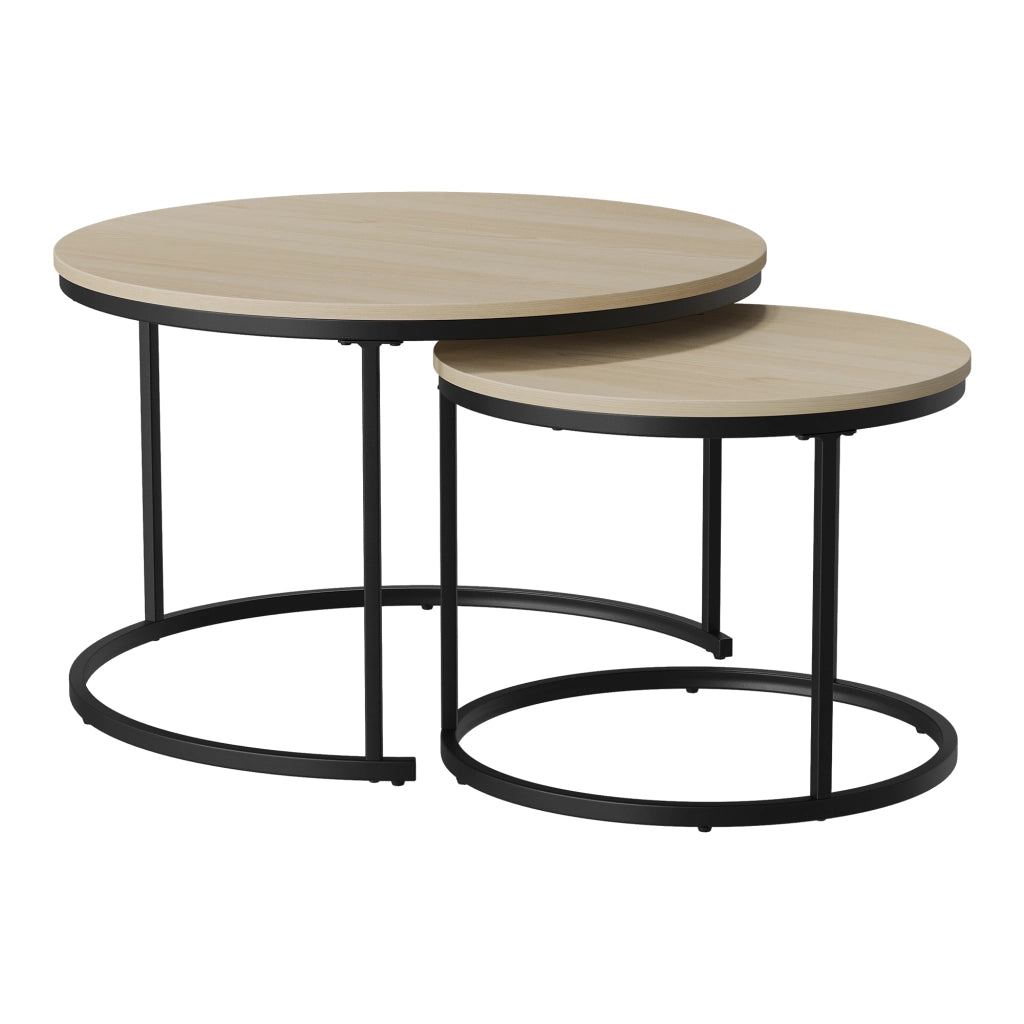 Set di 2 tavolini da salotto impilabili rotondi, effetto rovere, struttura in metallo, stile moderno