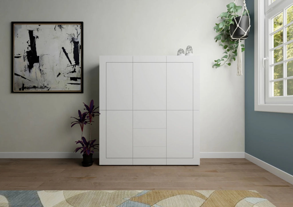 Credenza alta 5 ante/3 cassetti 150x35x165 cm Elios bianco lucido