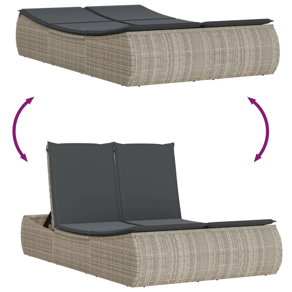 Lettino Prendisole | Sdraio da giardino | Lettino da sole Doppio con Cuscini Grigio Chiaro Polyrattan