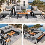 Set sedute modulari esterni: metallo; cuscini; tavoli legno; terrazza/balcone/piscina; grigio