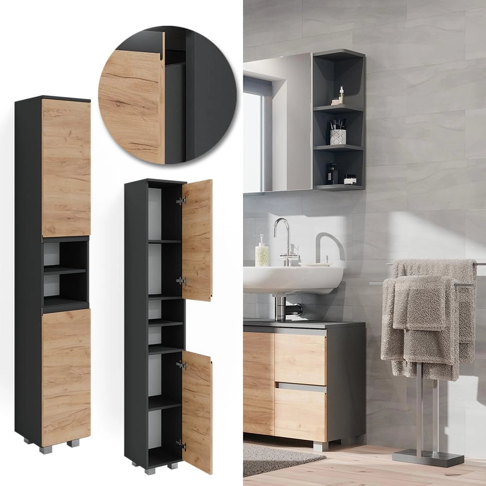 Mobile bagno alto J-Shape, Grigio, 30 x 190 cm, per conservare e combinare con altri elementi a forma di J