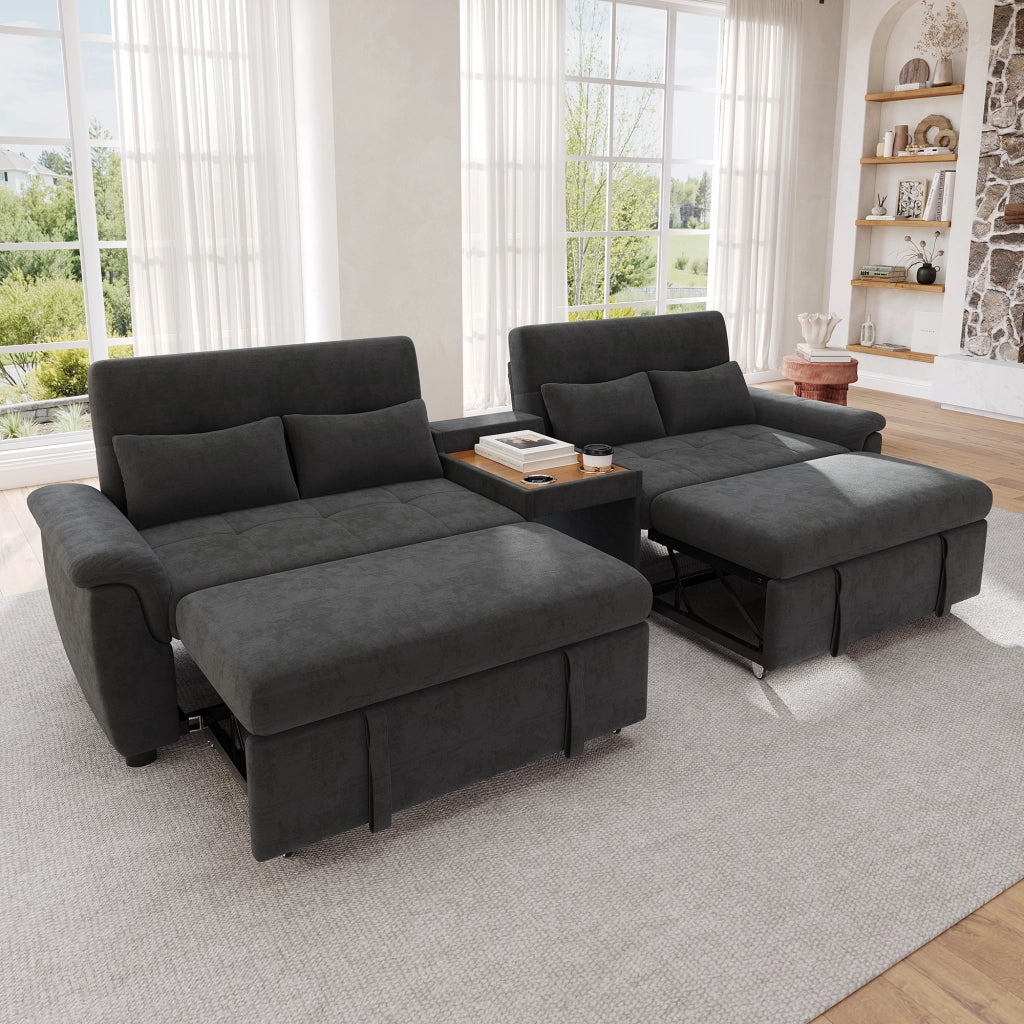 Divano letto a U multifunzionale in chenille, grigio scuro, con doppio letto estraibile, 3 posizioni dello schienale, area per animali domestici e 2 portabicchieri