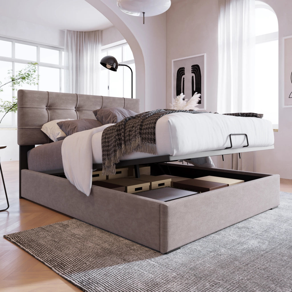 Letti contenitori 90x200 cm; testiera regolabile e contenitore; velluto; grigio chiaro (Senza materasso)