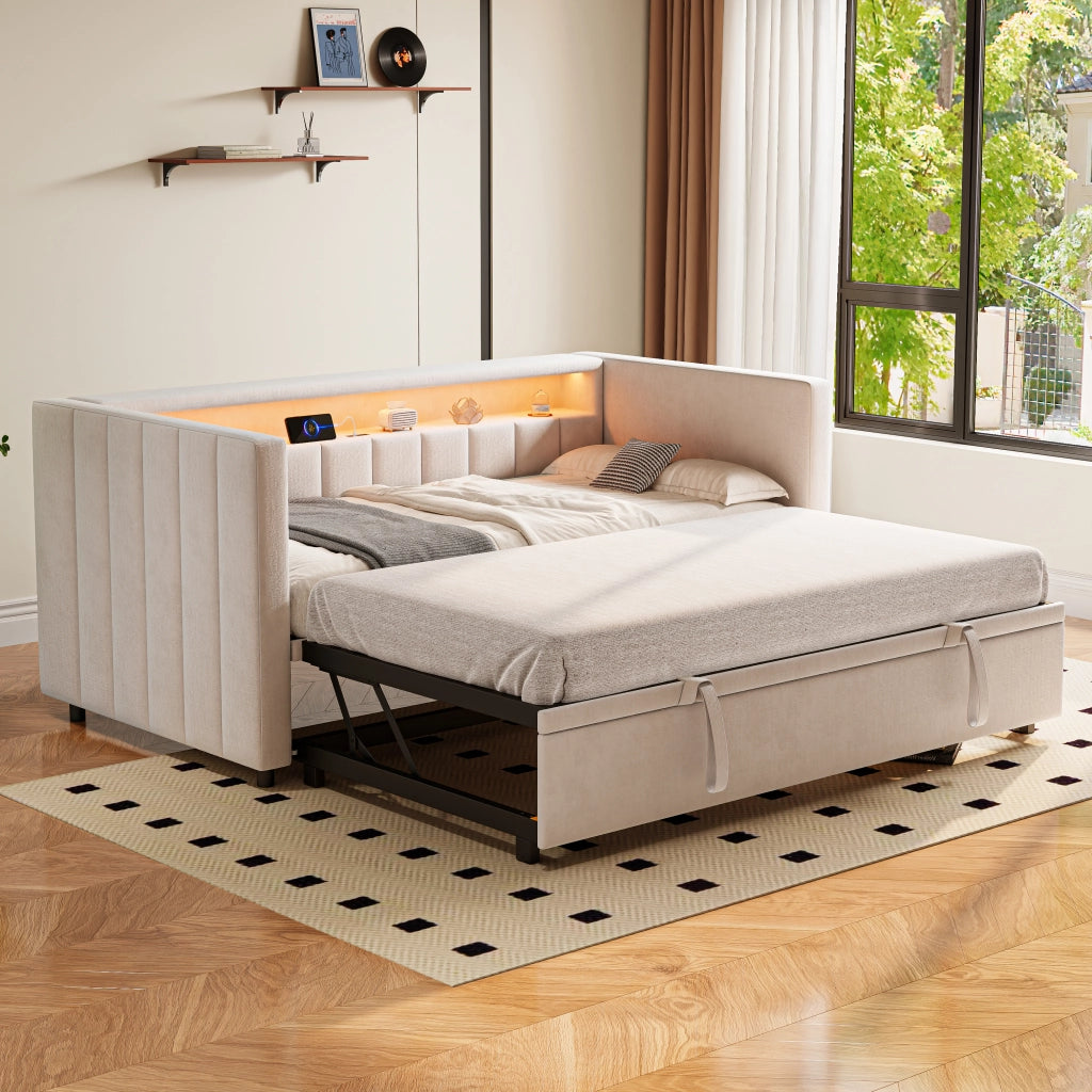 LETTO Estraibile 90x190 cm in velluto Beige con LED e USB-Type-C