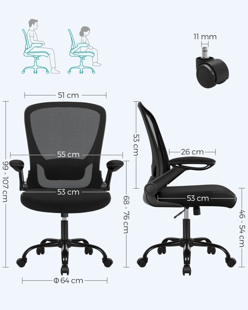 Sedia da ufficio con braccioli pieghevoli sedia da ufficio in tela sedile girevole a 360° supporto lombare regolabile salvaspazio nera 12_0005862