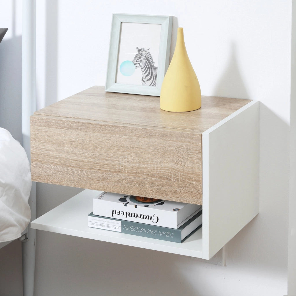 EasyComfort Set di 2 Comodini Sospesi a Parete con Cassetto e Mensola, Arredamento Moderno Camera da Letto, Bianco e Rovere