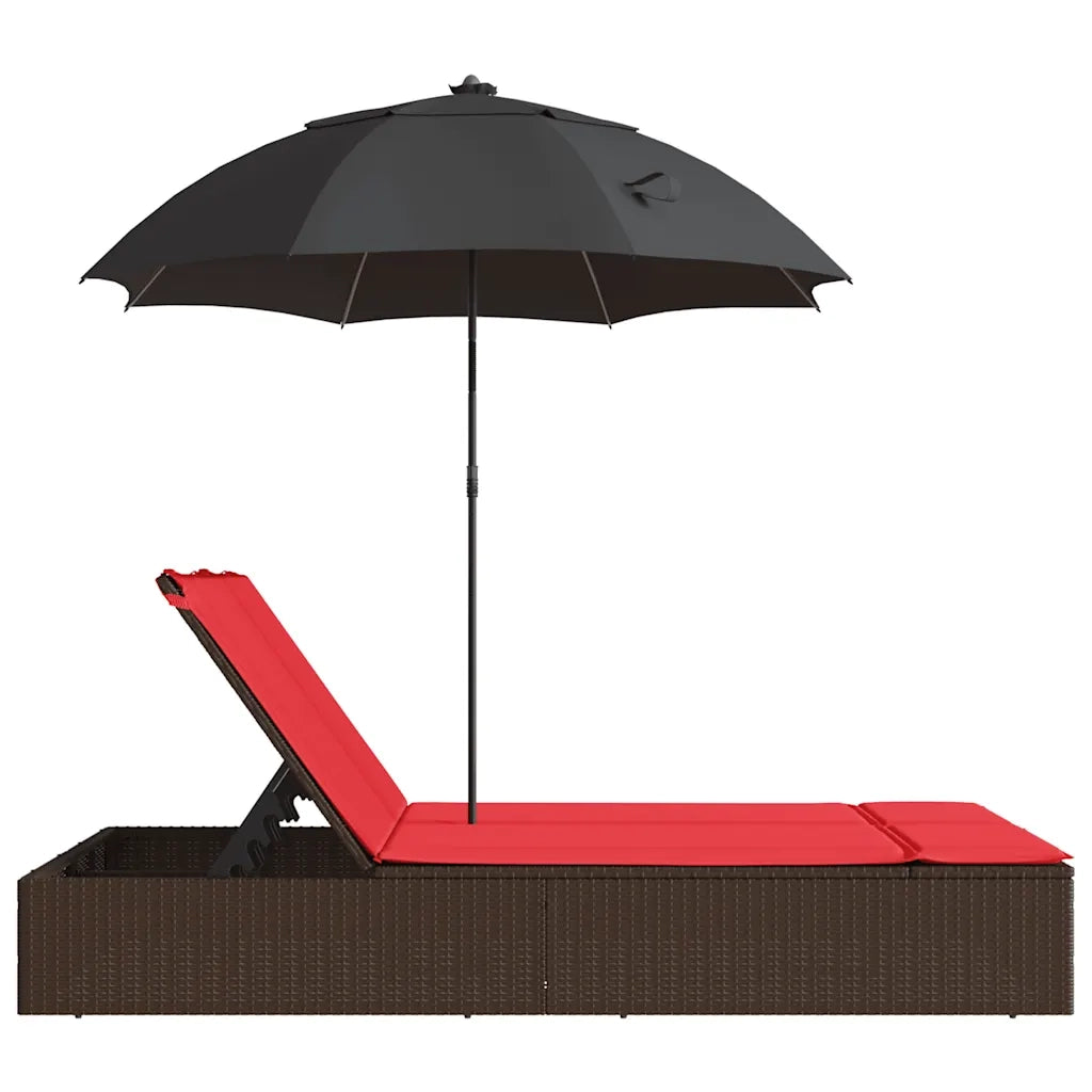 Lettino Prendisole Doppio Cuscini e Parasole Marrone Polyrattan