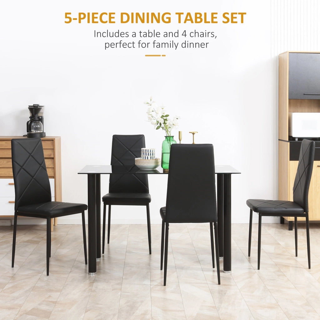 Set Tavolo da Pranzo con Piano in Vetro e 4 Sedie Imbottite in Finta Pelle Nero