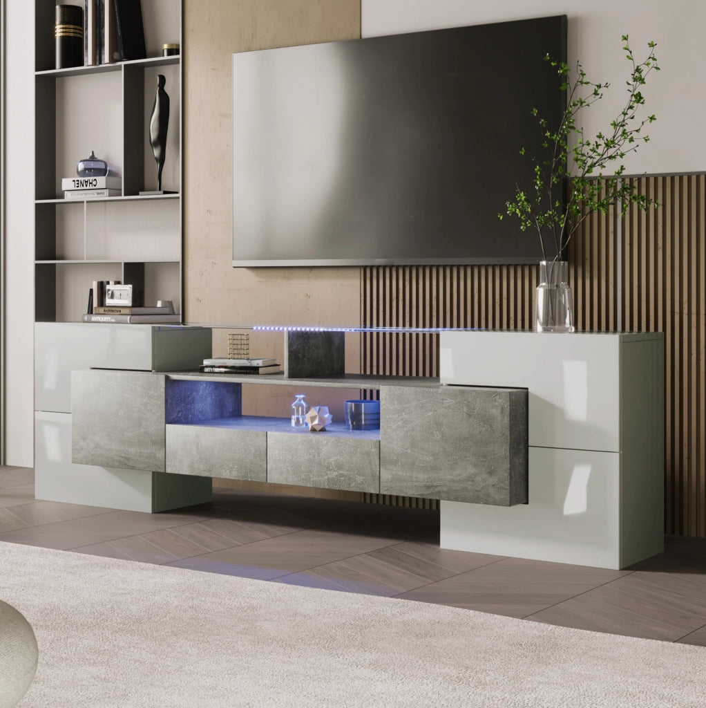 Mobile TV 200x35x60 cm bianco e grigio in MDF, 6 ante e LED