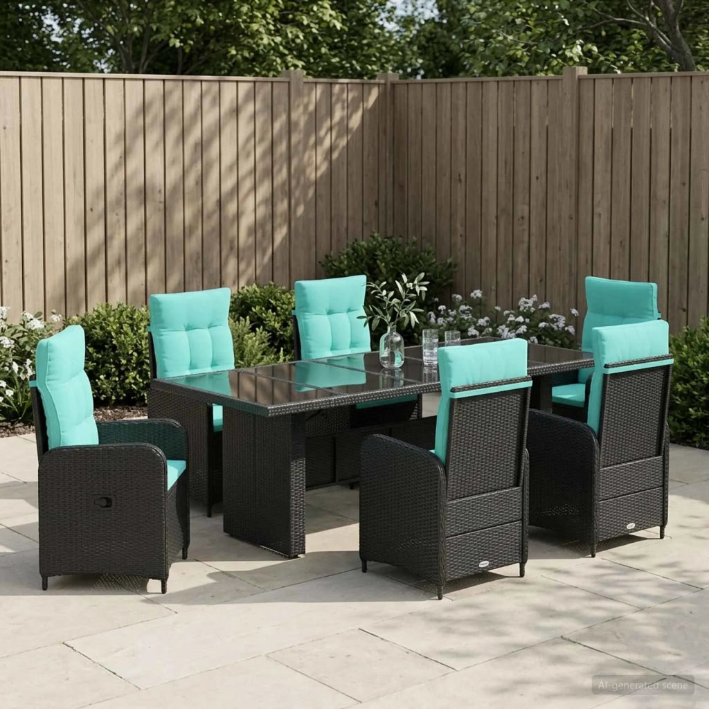 Set da pranzo per esterni 7 pz Nero e Turchese polyrattan 3422385