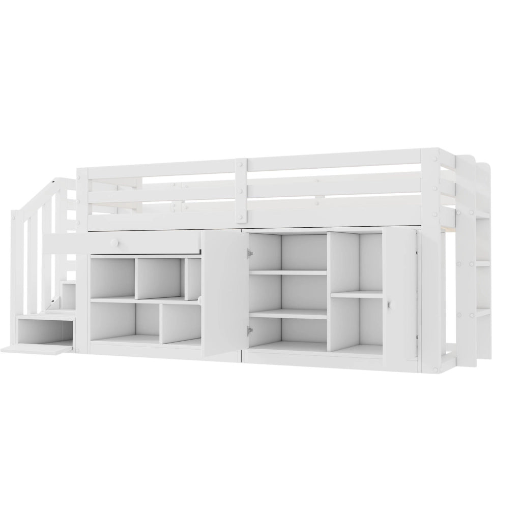 Letto singolo multifunzione 90x200 cm in legno massiccio e MDF; bianco; con scala e contenitore