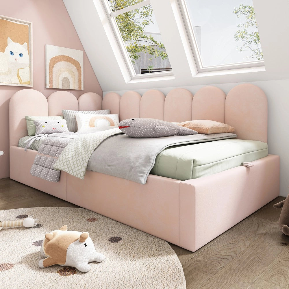 Letto Imbottito con Contenitore Idraulico ¨C MINIMAL ¨C Velluto Rosa 90x200
