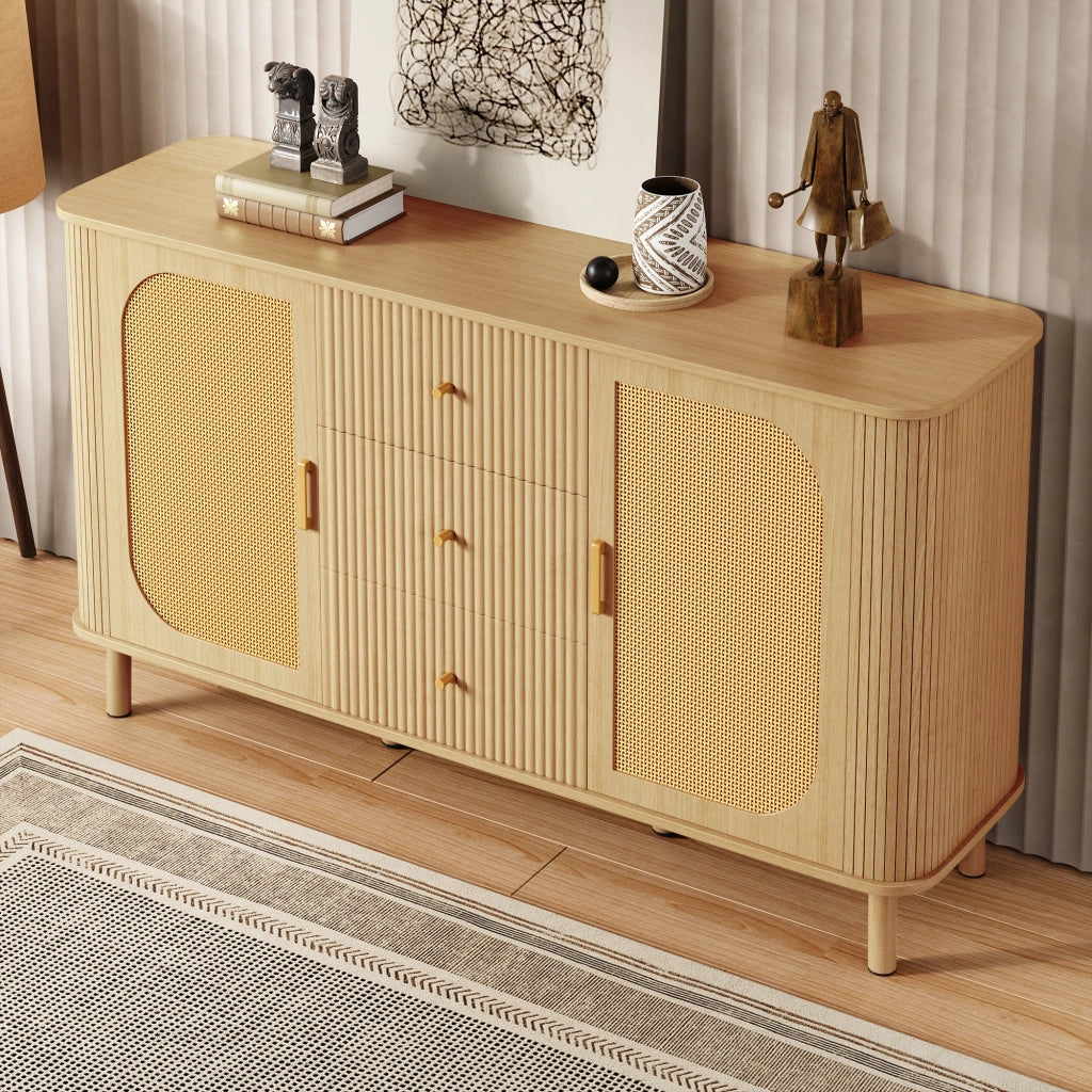 Credenza con 2 Ante in Rattan; 3 Cassetti e 2 Ripiani; Gambe in Metallo Effetto Legno; in MDF; 140??40??80 cm; Naturale