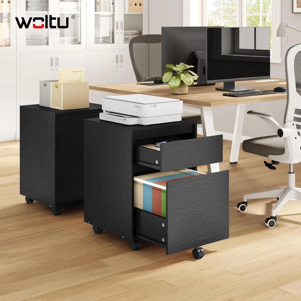Cassettiera Scrivania con 2 Cassetti, Schedario con Rotelle, Schedario da Ufficio A4, in Legno PB Nero, 40x40x56cm