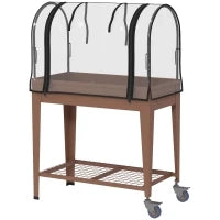 Fioriera Rialzata con Mini Serra per Piante, Ruote e Ripiano, 80x40x120cm, Marrone
