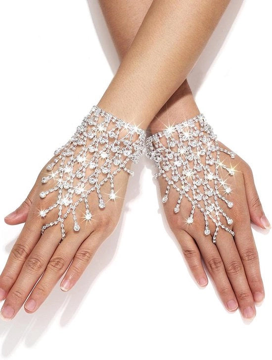 Bracciale Donna con Tessuto Argento e Pizzo con Diamanti e Frange Adattabile per Feste e Utilizzo Giornaliero Disegno Luccicante
