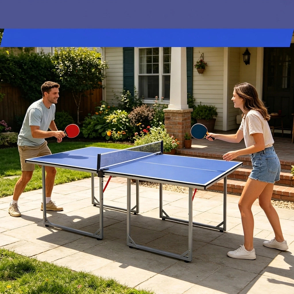 Tavolo da Ping Pong Pieghevole 182×91×76;2 cm 6 FT con Rete; 2 Racchette e 3 Palline; Portatile Blu