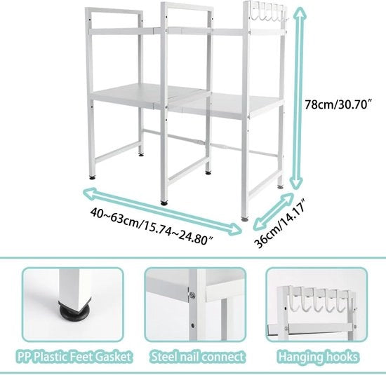Rack magnetron espandibile, standard 3-trappiste magnetron, organizzatore, rack cucina, sostegno verticale per lavoro, griglia da forno con 8 ganci, bianco