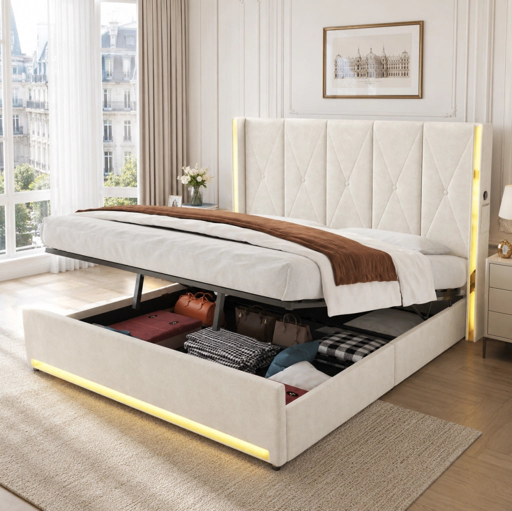 Letto matrimoniale 180x200 in velluto con LED, USB e vano contenitore